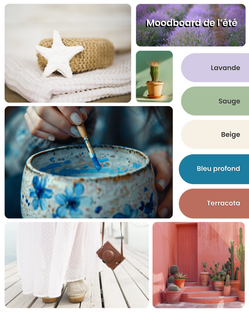 Moodboard des Tendances Graphiques de l'été 2025. Palette de couleurs douces : lavande, sauge, beige, bleu profond et terracotta